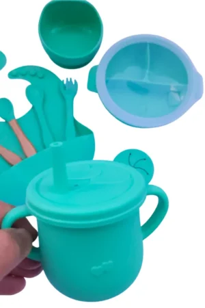 set de silicona con tapa verde menta vaso thebukids