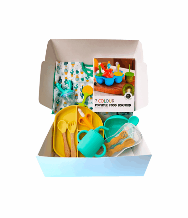 Set alimentación complementaria Box alimentación bebé Kit Baby Led Weaning (BLW) Vajilla de silicona para bebé Plato con ventosa Babero de silicona Chupete para fruta Mordedor de silicona Regalo baby shower Libre de BPA Primeros alimentos bebé TheBuKids alimentación infantil