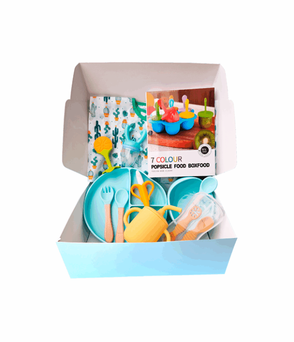 Set alimentación complementaria Box alimentación bebé Kit Baby Led Weaning (BLW) Vajilla de silicona para bebé Plato con ventosa Babero de silicona Chupete para fruta Mordedor de silicona Regalo baby shower Libre de BPA Primeros alimentos bebé TheBuKids alimentación infantil