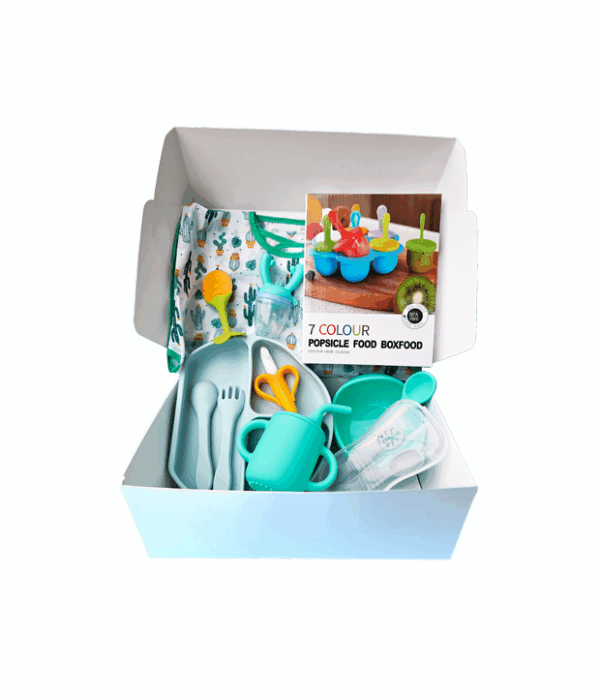 Set alimentación complementaria Box alimentación bebé Kit Baby Led Weaning (BLW) Vajilla de silicona para bebé Plato con ventosa Babero de silicona Chupete para fruta Mordedor de silicona Regalo baby shower Libre de BPA Primeros alimentos bebé TheBuKids alimentación infantil