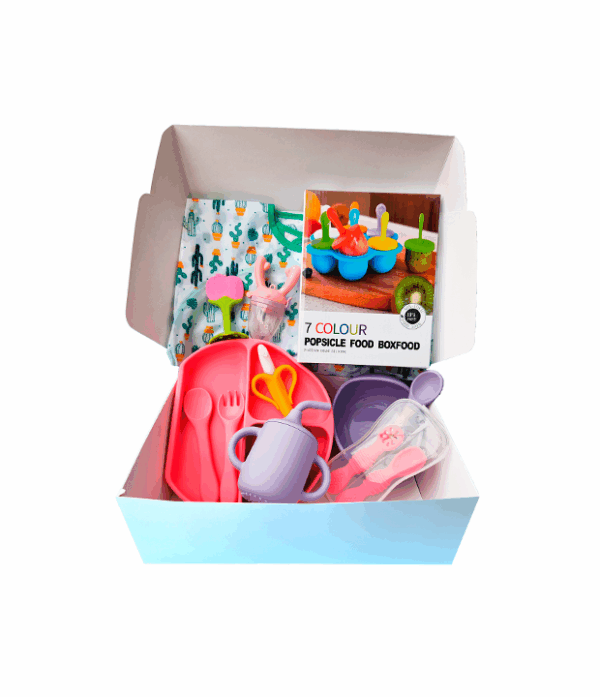 set-de-alimentacion-con-plato-bowl-cuchara-tenedor-precucharas-12-piezas-mas-accesorios-de-silicona-color-rosa-para-bebes-thebukids Set alimentación complementaria Box alimentación bebé Kit Baby Led Weaning