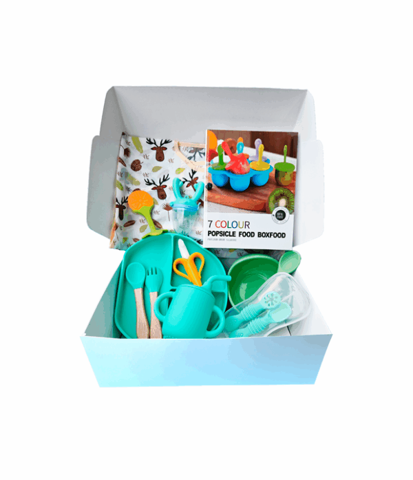 Set alimentación complementaria Box alimentación bebé Kit Baby Led Weaning (BLW) Vajilla de silicona para bebé Plato con ventosa Babero de silicona Chupete para fruta Mordedor de silicona Regalo baby shower Libre de BPA Primeros alimentos bebé TheBuKids alimentación infantil