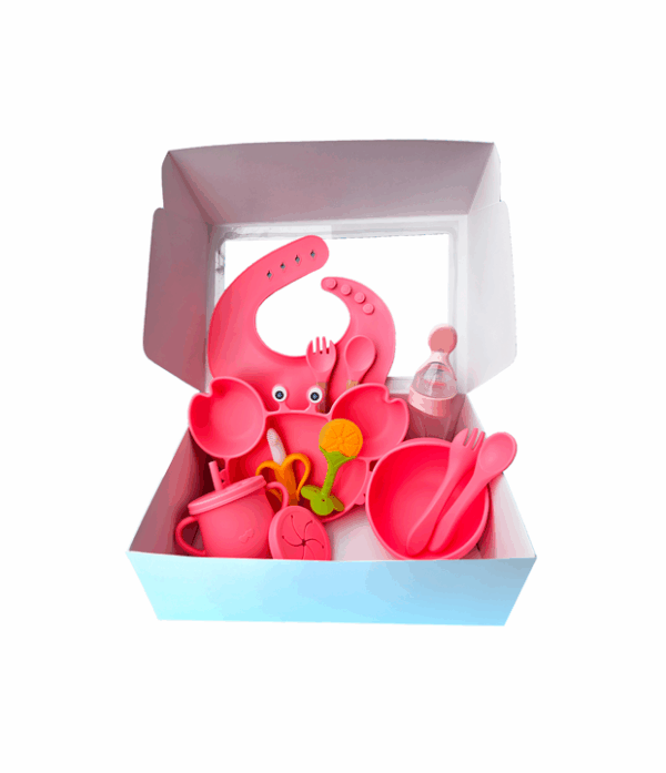 Set alimentación para guagua Box de alimentación Chile Kit BLW cangrejo Vajilla de silicona Cemeruko Plato de guagua con ventosa Babero de silicona Vaso snack antiderrame Mordedor de banana Regalo baby shower Santiago Alimentación complementaria segura Libre de BPA Set de comida para bebé