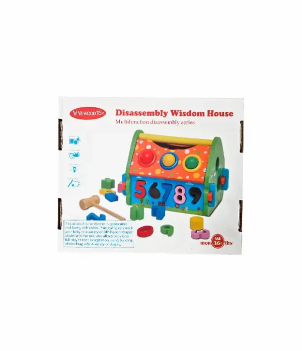 caja-casa-didactica-de-madera-para-el-aprendizaje-de-bebes-y-niños-thebukids-caja Juguete de madera multifuncional con reloj, números, engranajes y techo para encajar formas geométricas, ideal para motricidad fina.