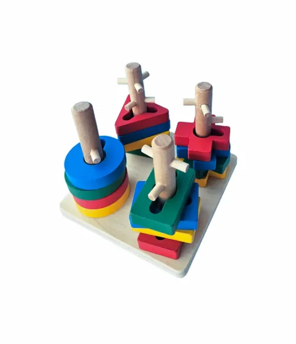 juego-dicactico-con-figuras-de-madera-para-encaje-de-cuatro-puntos-cemeruko (1) Juguete educativo de madera con base y columnas para encajar figuras geométricas coloridas