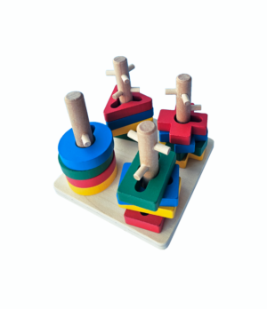 Set de figuras geométricas de madera con base y 4 columnas de colores